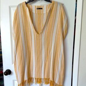 Zara White & Mustard Striped V‑Neck Fringe Top